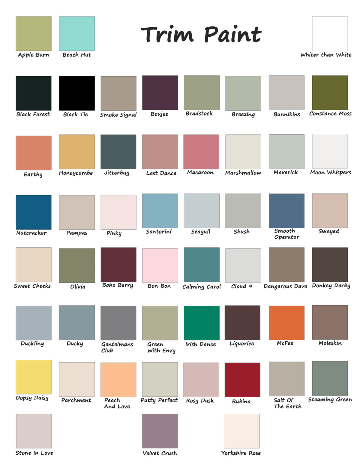 Trim paint lista ja kalustemaalisarjan värikartta ja maalisävyt.