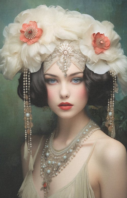 Lady valkoiset kukat hiuksissa art deco decoupage Frenchic. 