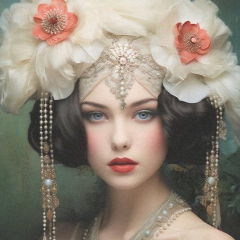 Lady valkoiset kukat hiuksissa art deco decoupage Frenchic. 