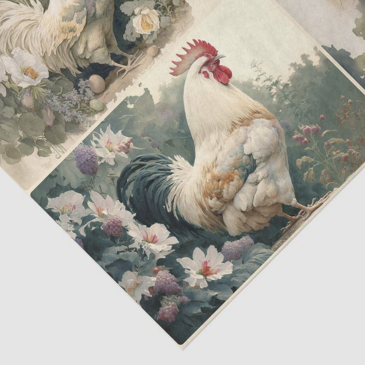 4 x Kukko ja kukat - yksittäiset decoupage taidearkit