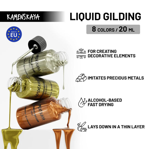 Liquid Leaf Paint on kuin lehtikulta tai lehtihopea nestemäisessä muodossa. Et tarvitse erillistä liimaa, liiman kuivumisen odottelua tai ohuiden metalliarkkien kiinnittämistä. Saat kauniin metallinhohtoisen pinnan ilman lehtimetallin käsittelyssä syntyvää pölyä ja aikaa vieviä työvaiheita.
