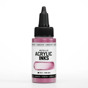 Akryylimuste Pink Silk metallisävyissä on erittäin tiivistetty nestemäinen akryylimaali, joka jäljittelee jalometallien kiiltoa ja valon välkettä.