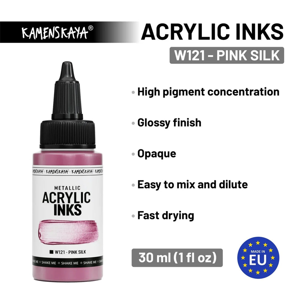 Akryylimuste Pink Silk metallisävyissä on erittäin tiivistetty nestemäinen akryylimaali, joka jäljittelee jalometallien kiiltoa ja valon välkettä.