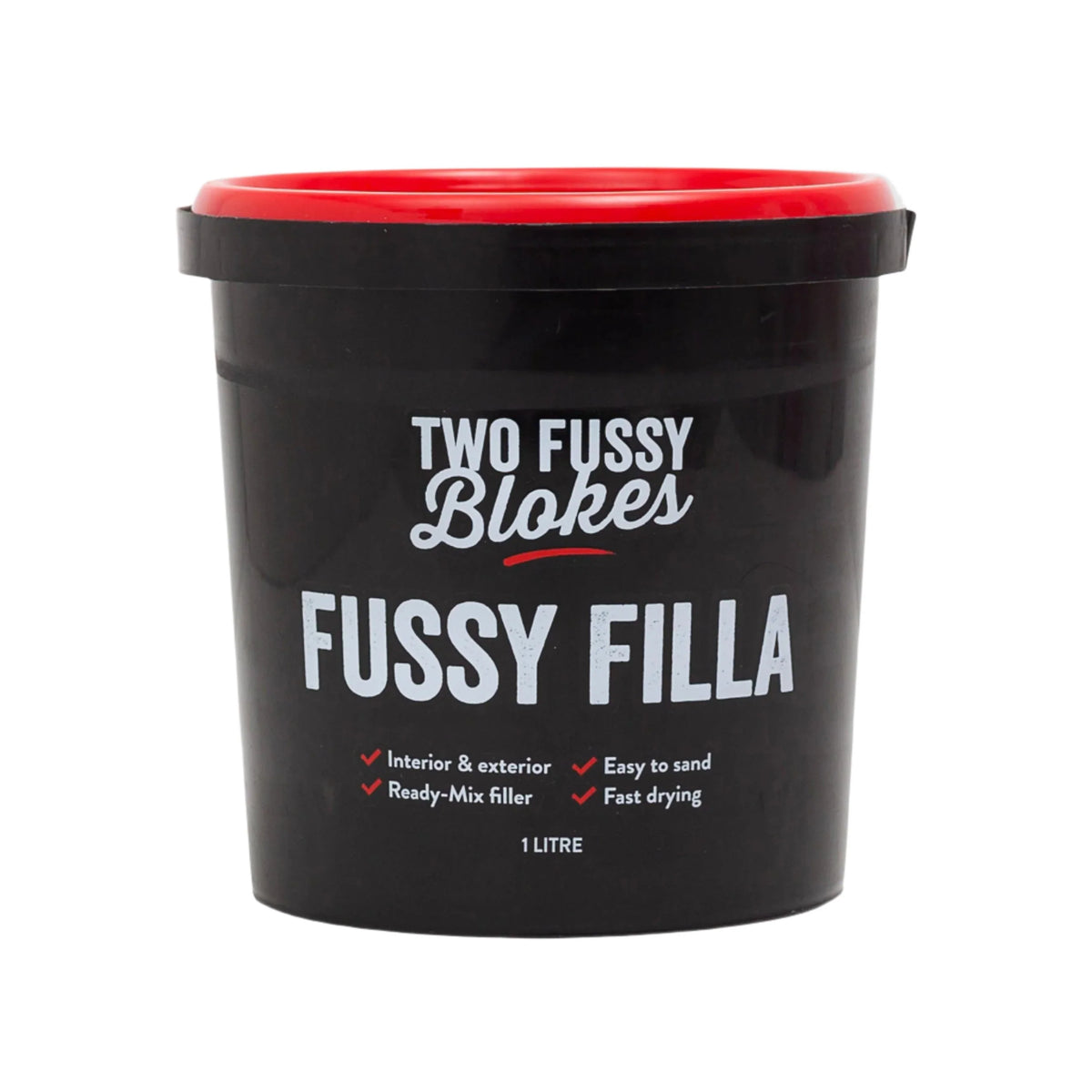 Fussy Filla 1kg, on valmis käytettäväksi heti purkista. Se on sileä levittää, helppo hioa ja tehty kaikenlaisiin paikkauksiin ja korjaustöihin, pieniin ja suuriin maalaustöihin,  remontteihin ja keittiökaapien maalauksiin. 