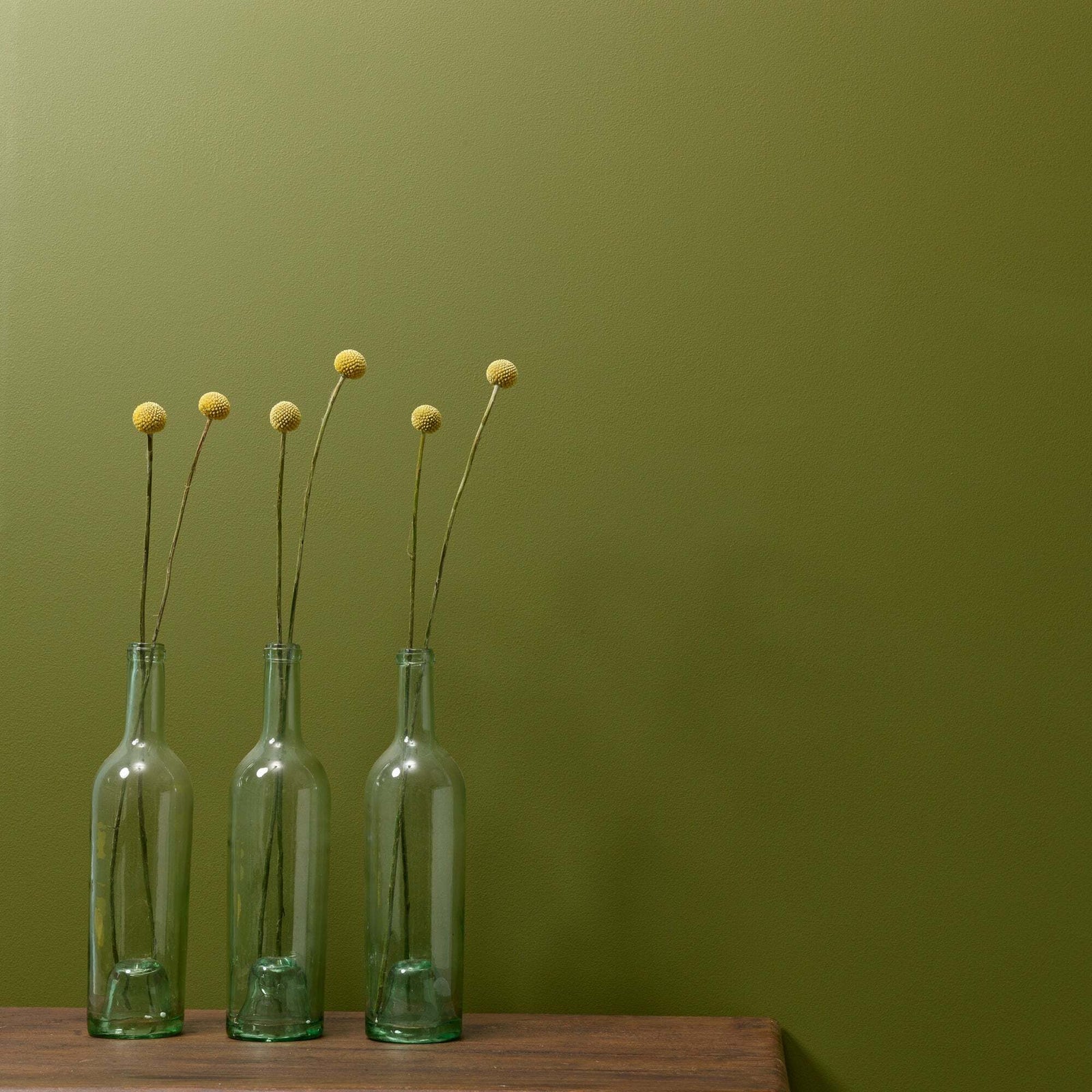 Sammaleen vihreää seinää vasten puinen penkki ja kolme lasipullomaljakkoa.